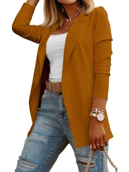 Jackets & Blazers - Women's Brown Long Sleeve Knit Blazer Work Business Outfits Open Front Jacket